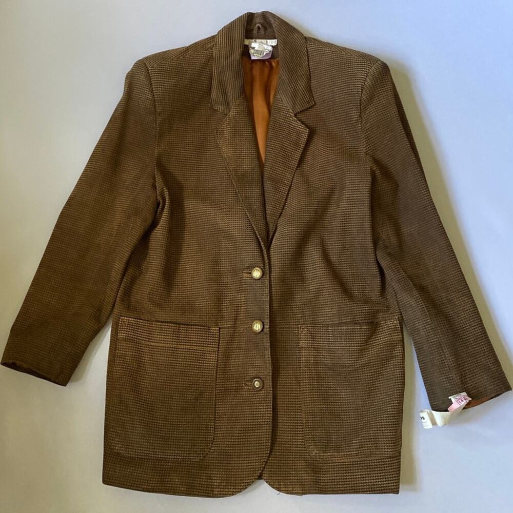 80s Leather Blazer Size Small Vintage Brown Houndstooth Boxy Oversized Career